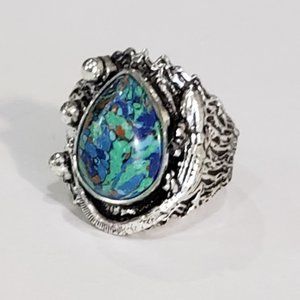 Rainbow calsilica gemstone, 925 silver ring, Reptile ring